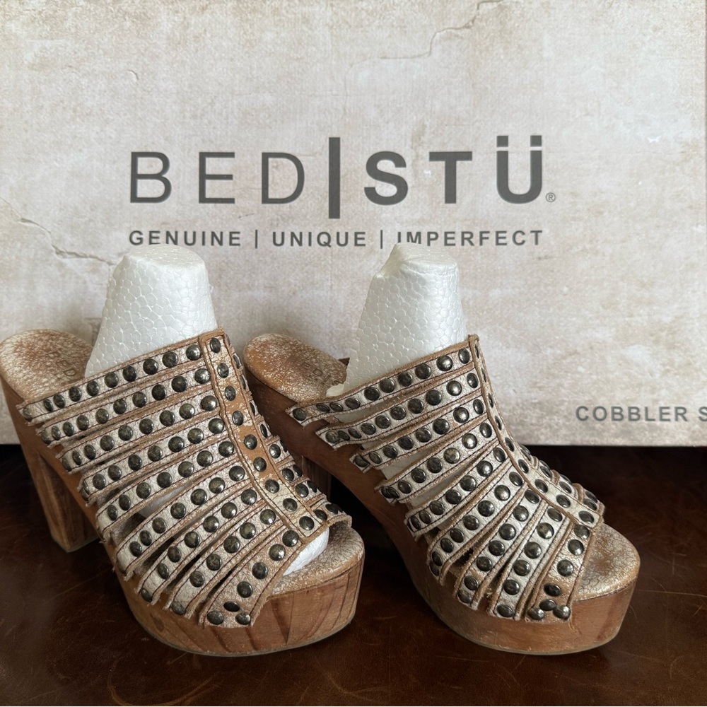 Bed Stu Tan Leather Studded Platform Mules